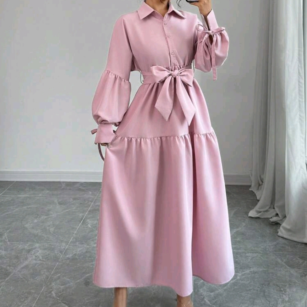Women's Elegant Casual Fashion Lady Bubble Sleeves Lapel Bow Tie - Picture 1 of 4